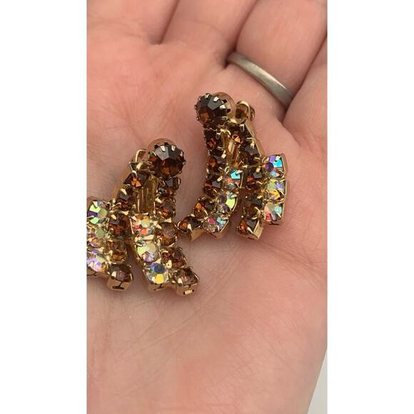 Vintage Earrings Clip On Climber AB And Amber Rhinestones 60s 70s Estate - Picture 4 of 5